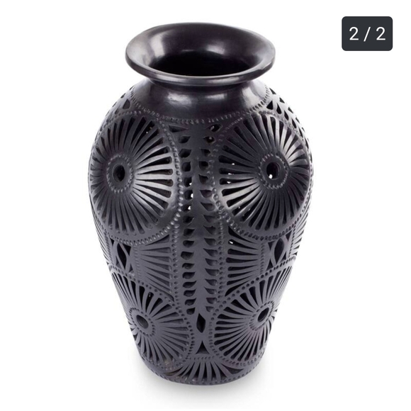Novica Handmade Oaxacan Black Clay Floral Fiesta Vase - Picture 2 of 2